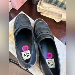 Black chunky heel penny loafers